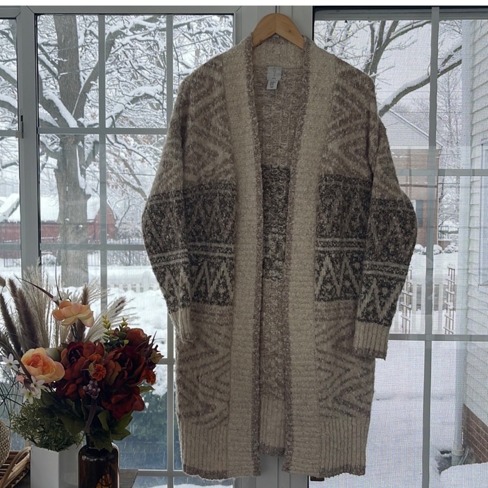 JOIE • Cream brown Nordic fair isle long sweater cardigan duster $198 NWT